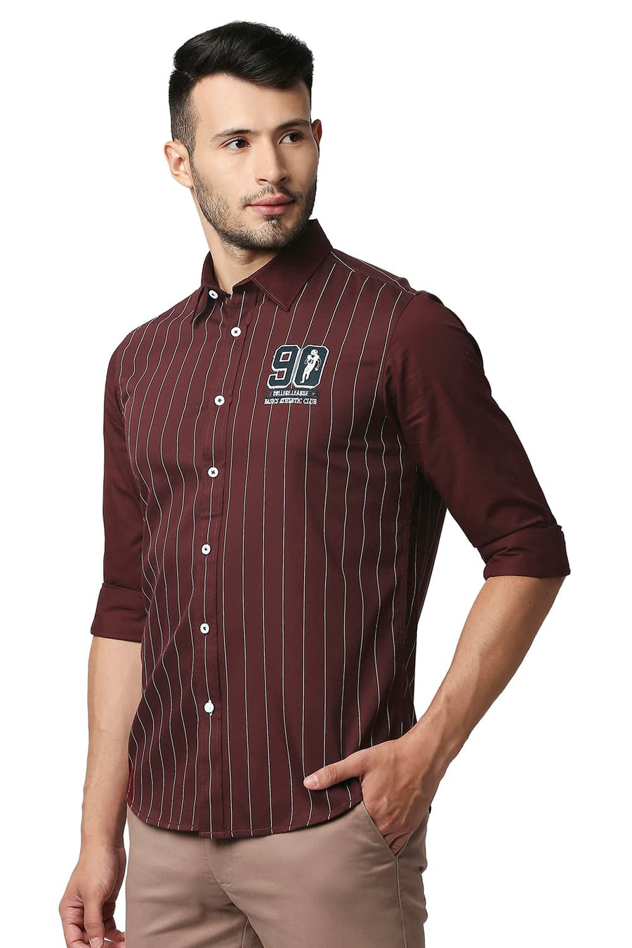 BASICS SLIM FIT PORT MAROON TWILL STRIPE SHIRT