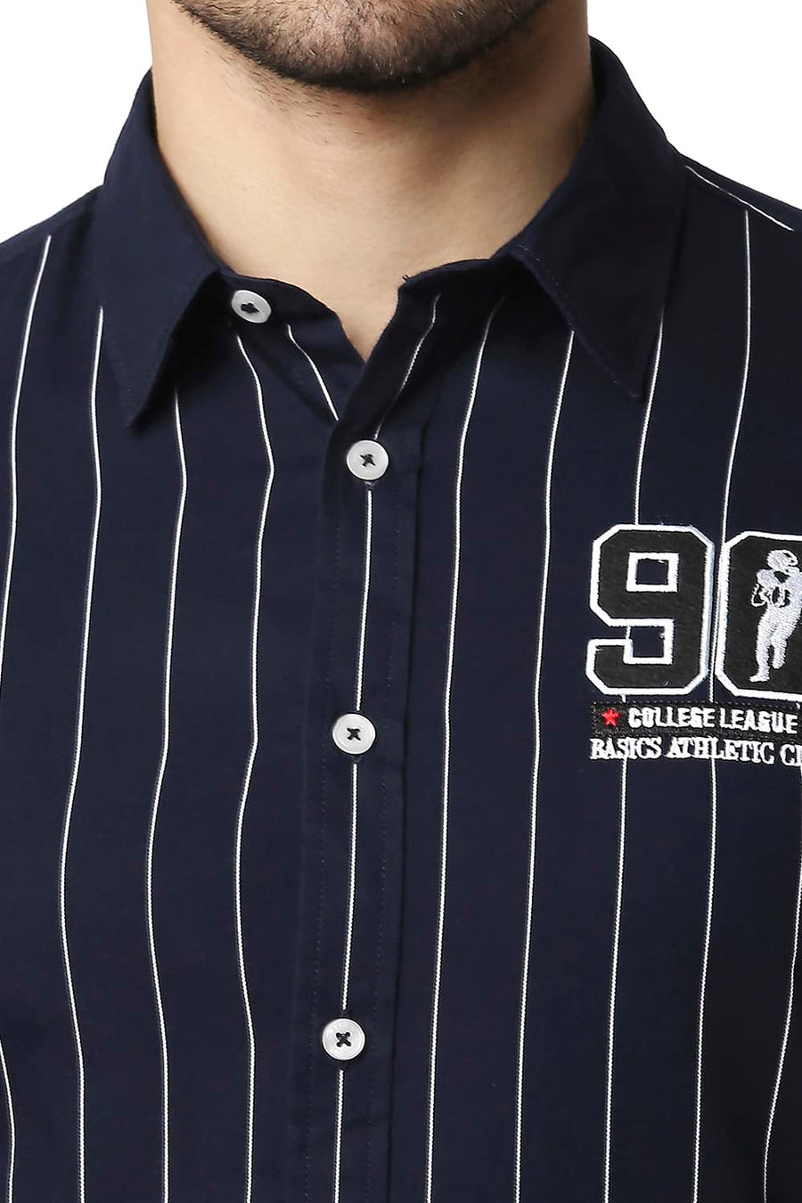 BASICS SLIM FIT NAVY IRIS TWILL STRIPE SHIRT