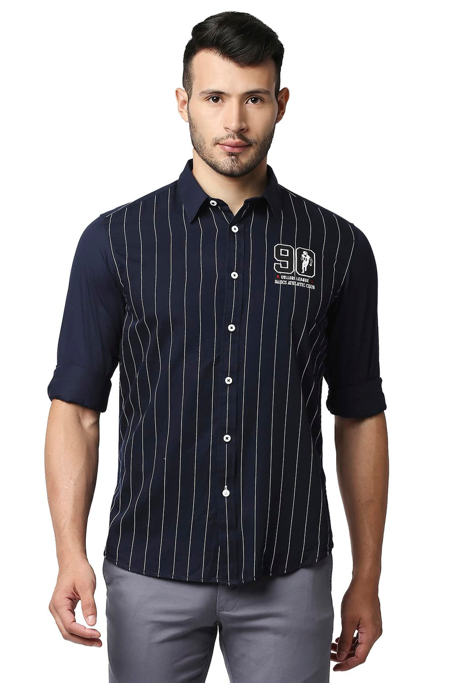 BASICS SLIM FIT NAVY IRIS TWILL STRIPE SHIRT