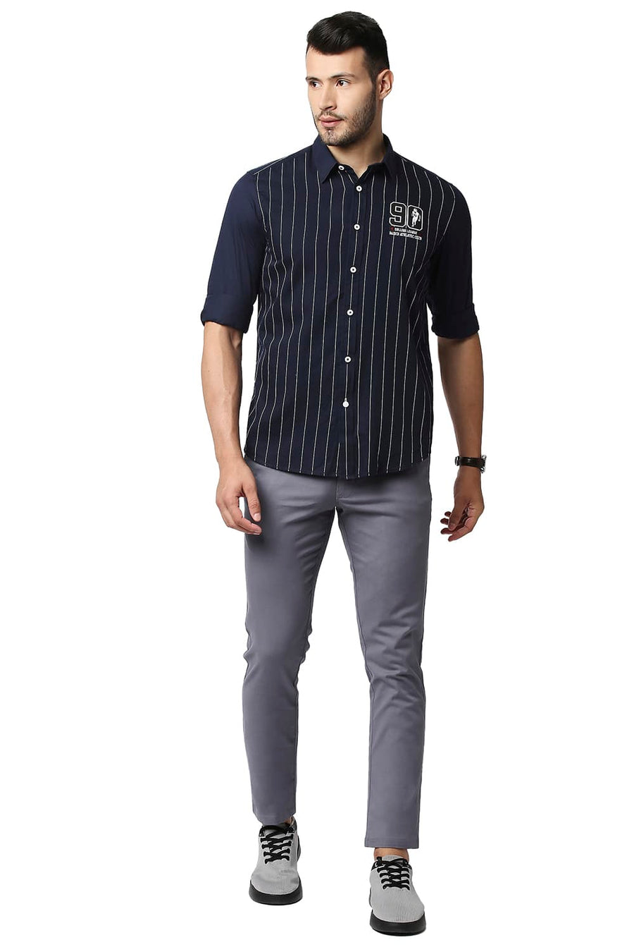 BASICS SLIM FIT NAVY IRIS TWILL STRIPE SHIRT