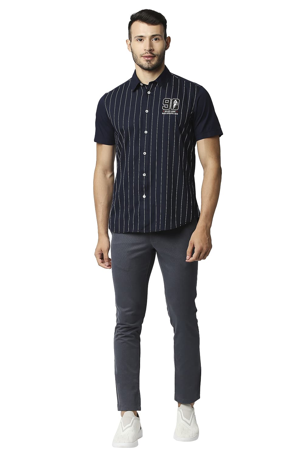 BASICS SLIM FIT TWILL STRIPE HALFSLEEVES SHIRT