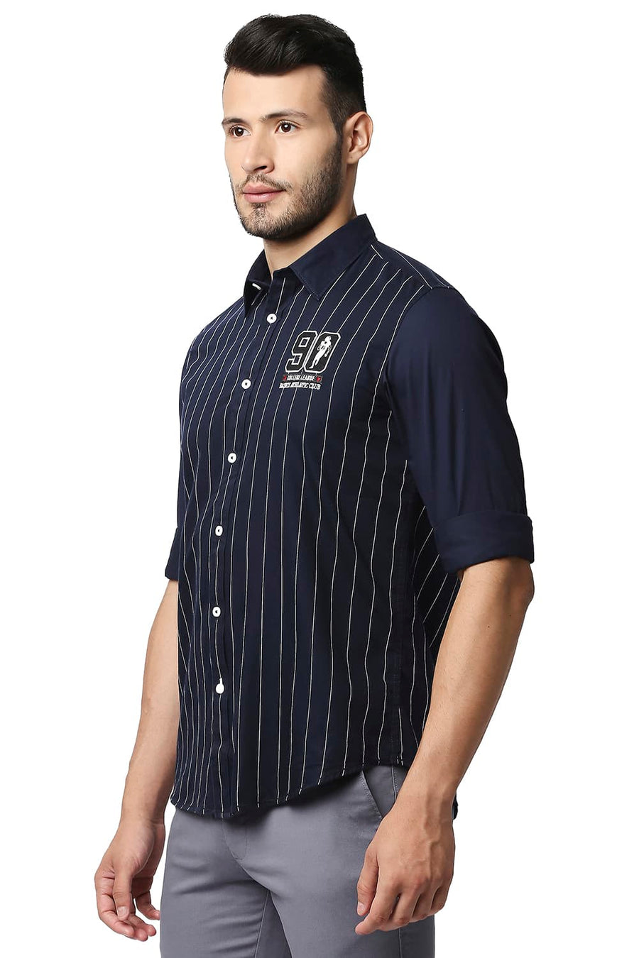 BASICS SLIM FIT NAVY IRIS TWILL STRIPE SHIRT
