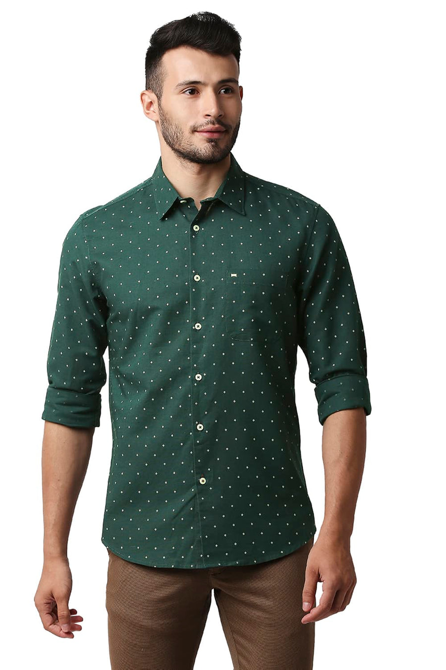 BASICS SLIM FIT GREEN GABLES COTTON LINEN PRINTED SHIRT