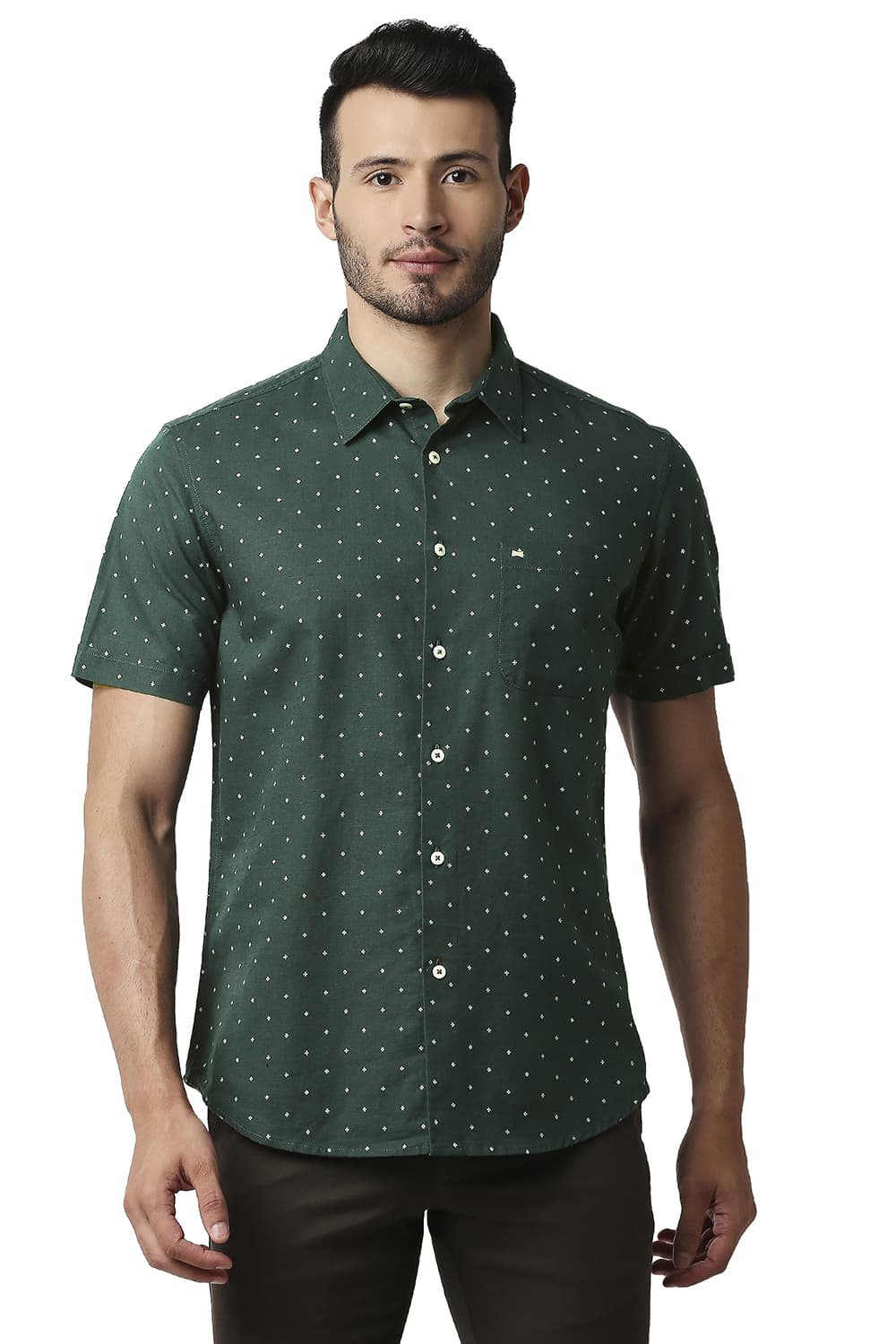 BASICS SLIM FIT COTTON LINEN PRINTED SHIRT