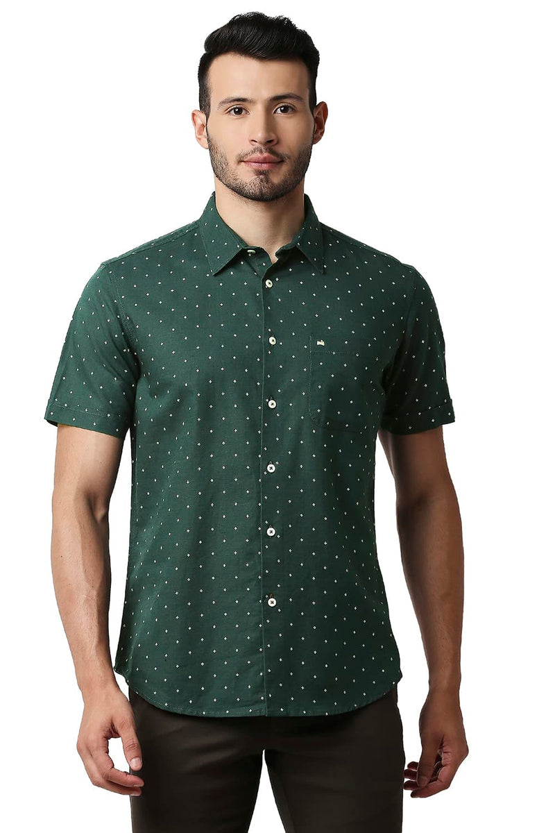 BASICS SLIM FIT COTTON LINEN PRINTED SHIRT