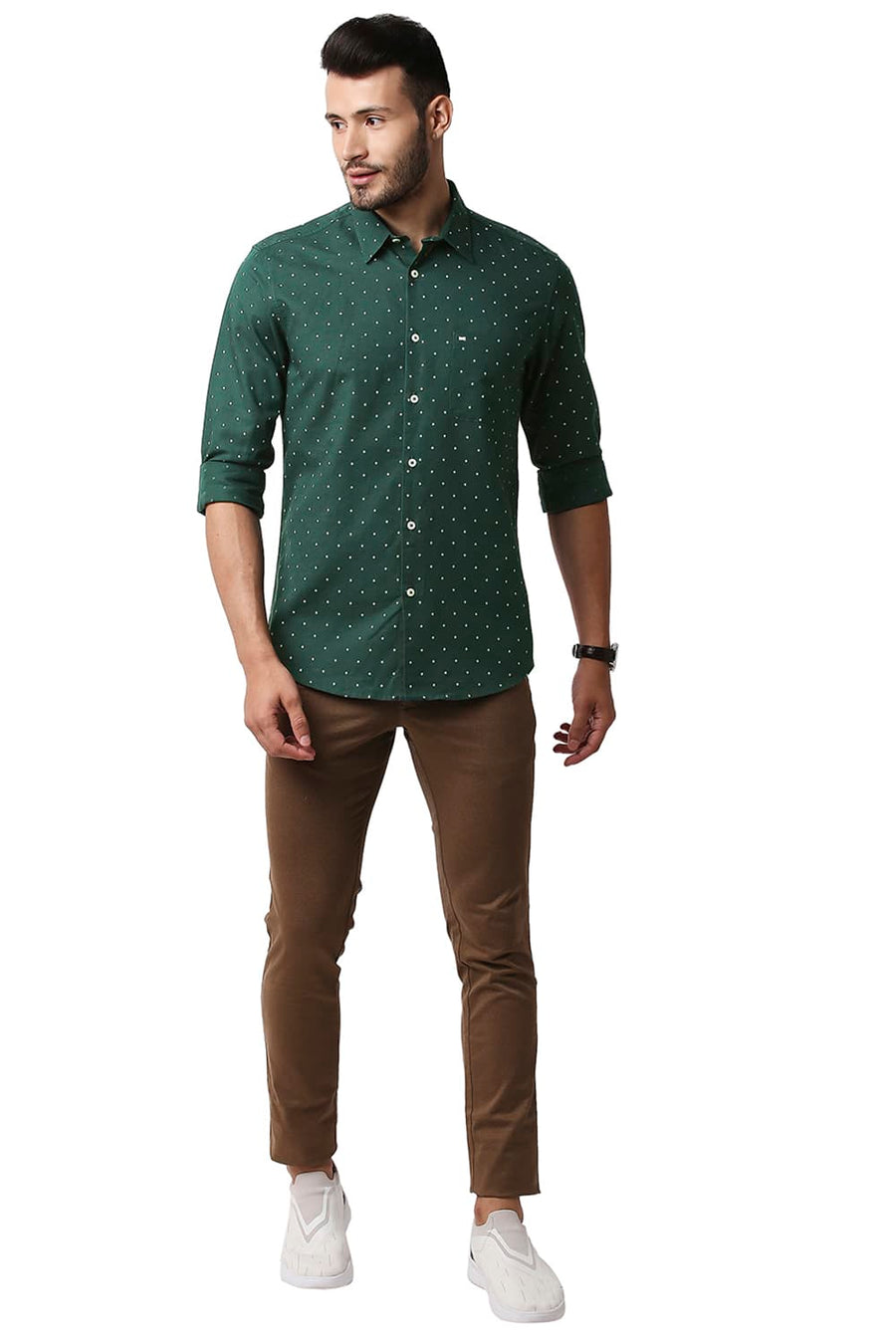 BASICS SLIM FIT GREEN GABLES COTTON LINEN PRINTED SHIRT