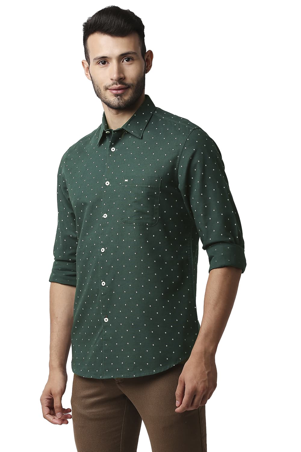 BASICS SLIM FIT COTTON LINEN PRINTED SHIRT