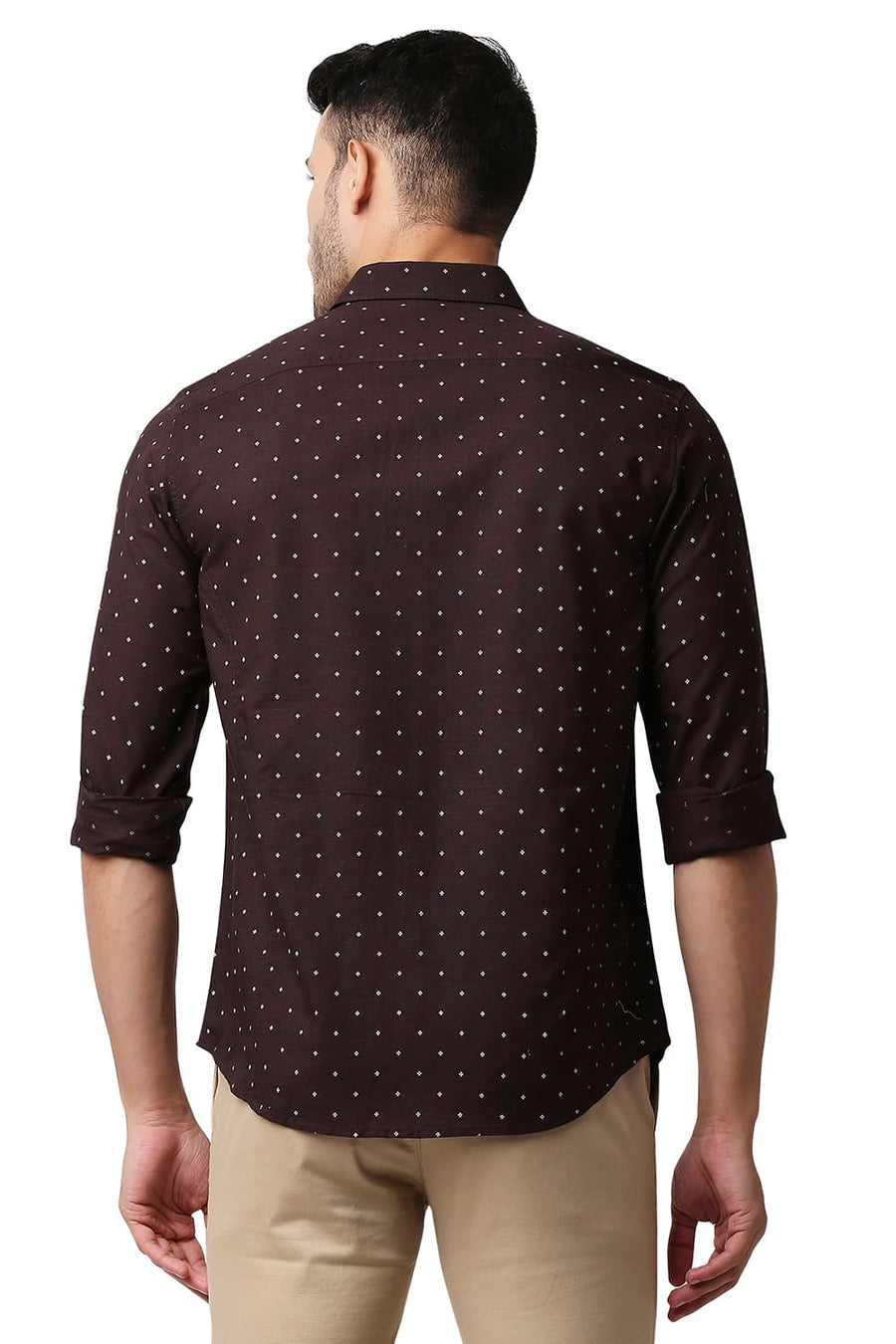 BASICS SLIM FIT FUDGE MAROON COTTON LINEN PRINTED SHIRT