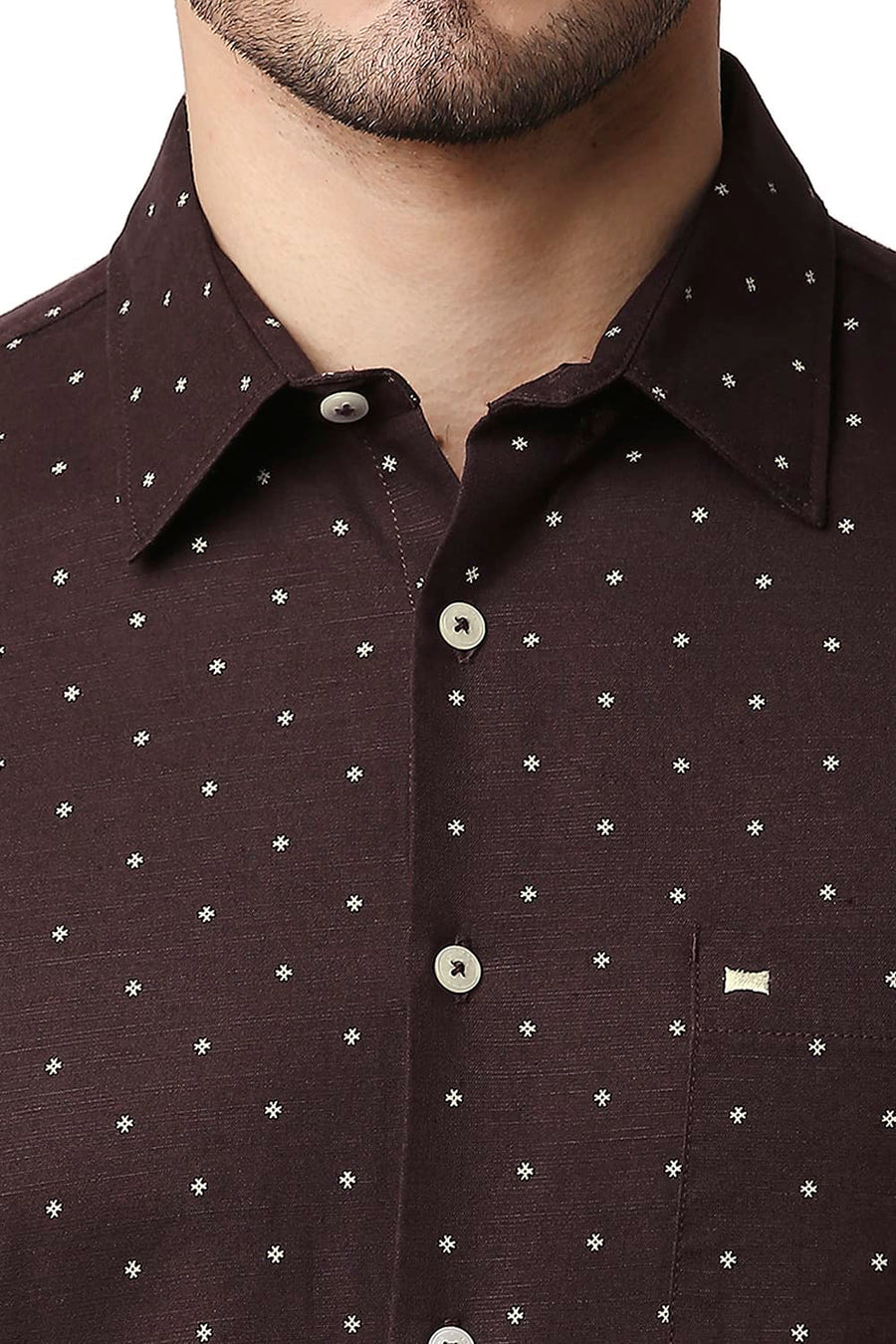 BASICS SLIM FIT FUDGE MAROON COTTON LINEN PRINTED SHIRT