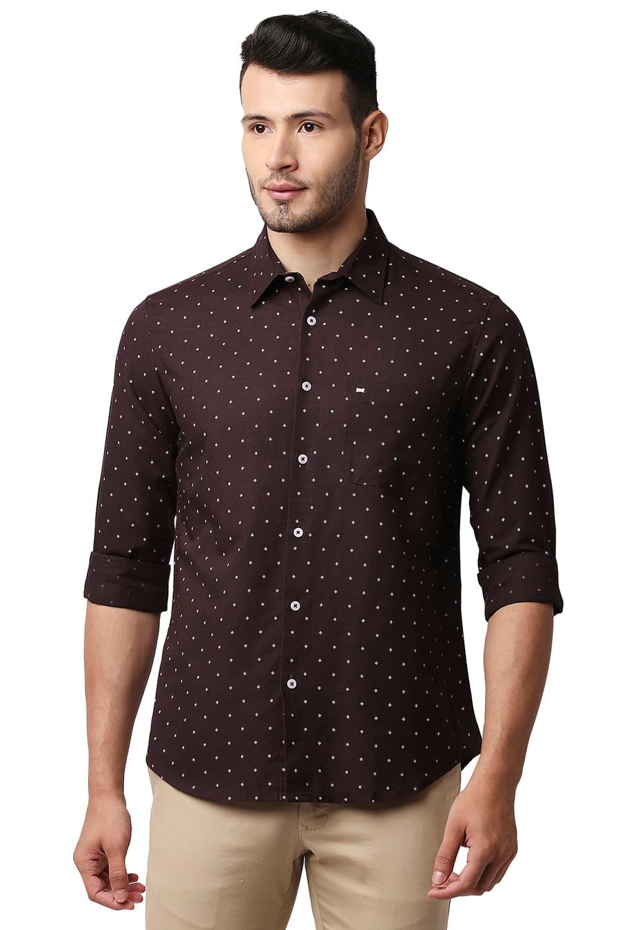 BASICS SLIM FIT FUDGE MAROON COTTON LINEN PRINTED SHIRT