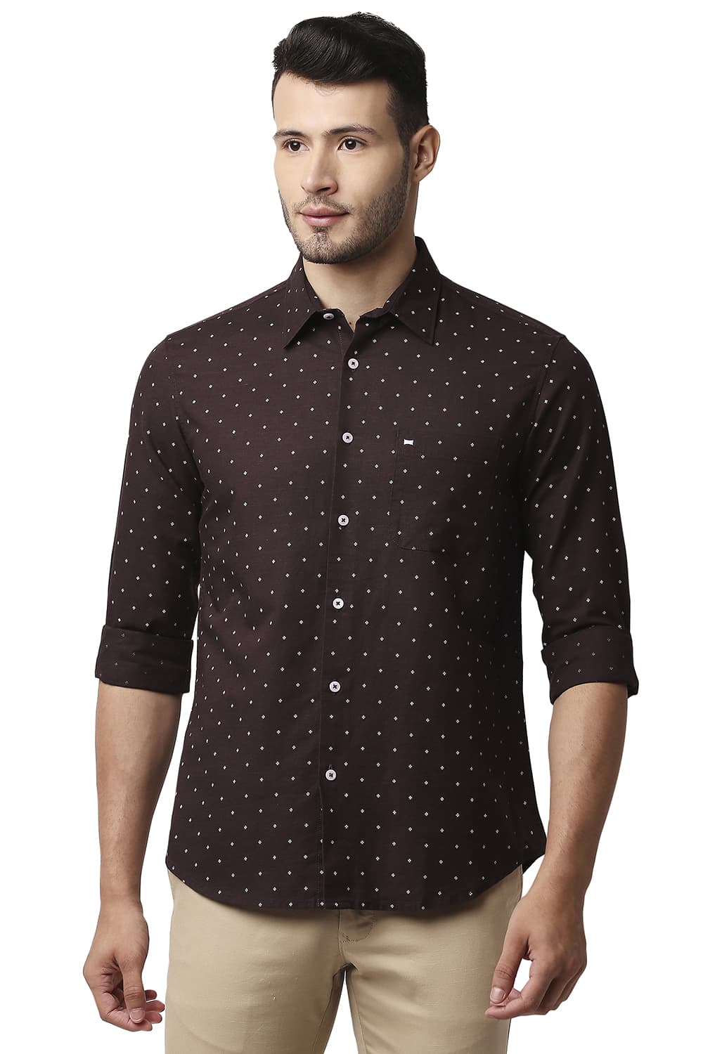 BASICS SLIM FIT COTTON LINEN PRINTED SHIRT