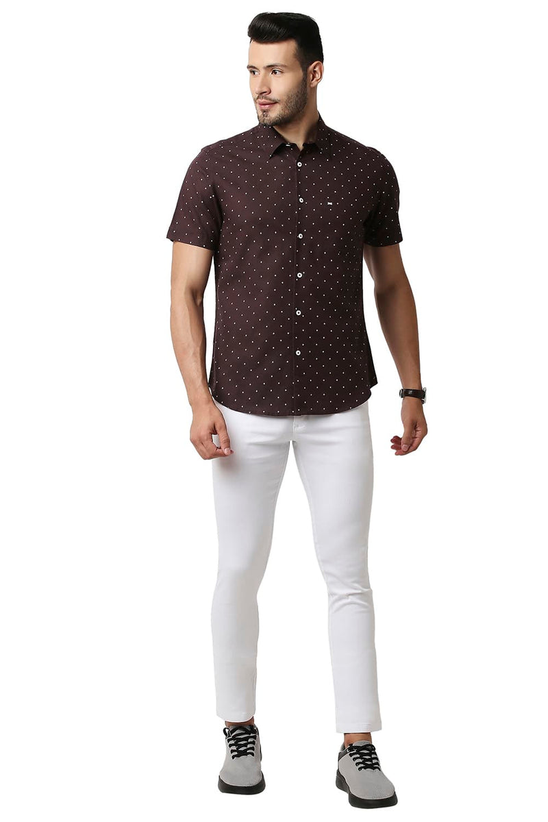 BASICS SLIM FIT COTTON LINEN PRINTED HALFSLEEVES SHIRT