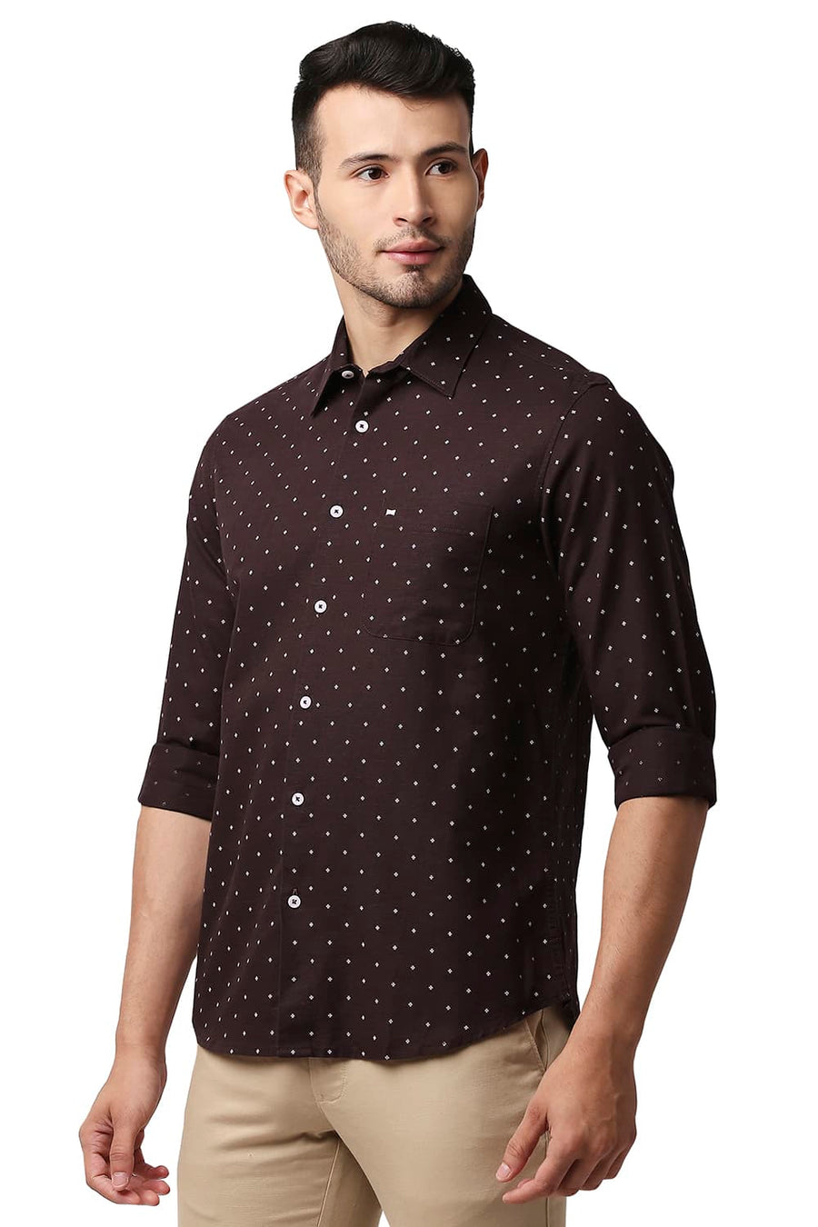 BASICS SLIM FIT FUDGE MAROON COTTON LINEN PRINTED SHIRT