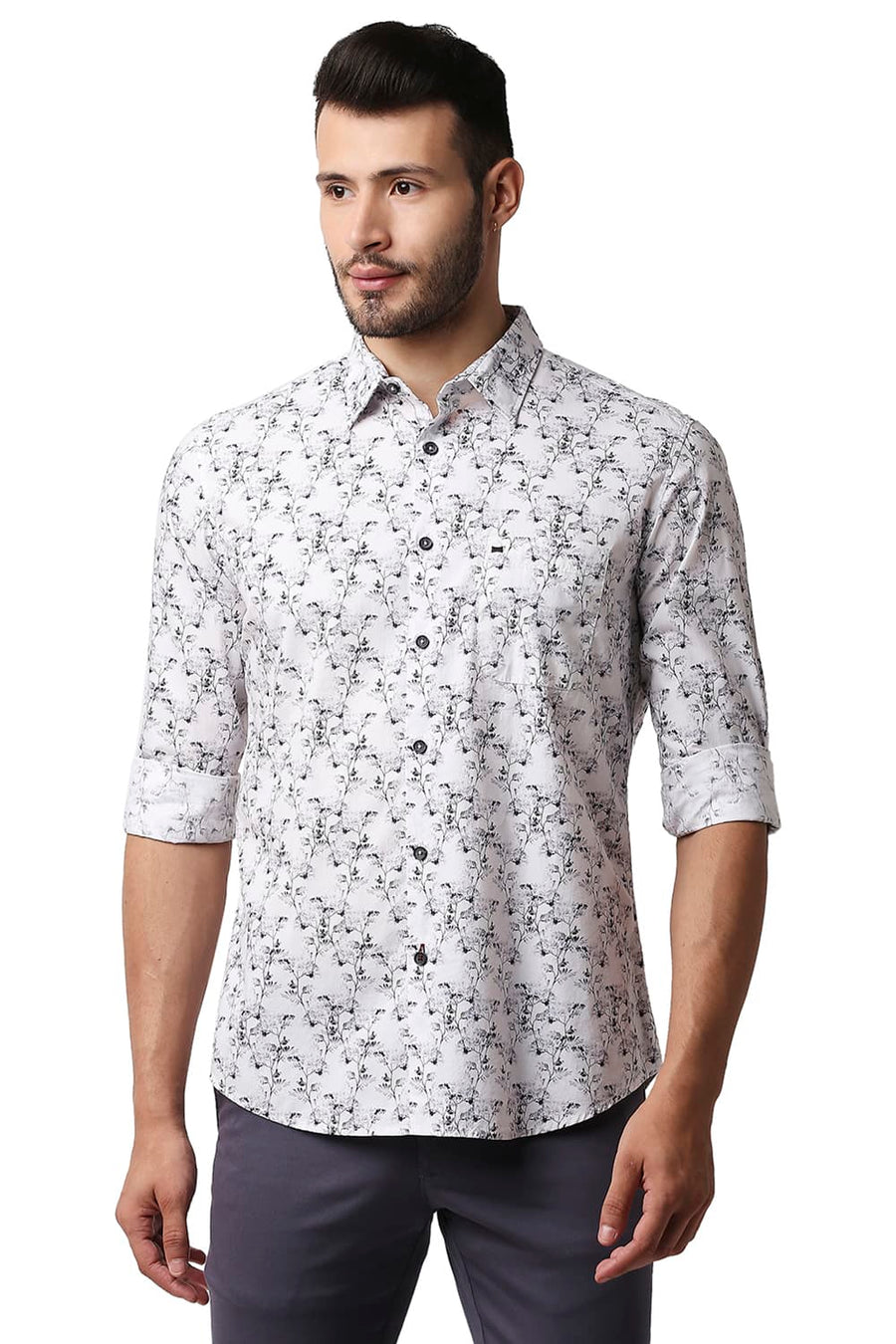 BASICS SLIM FIT WHITE SMOKE DIGITAL POPLIN PRINTED SHIRT