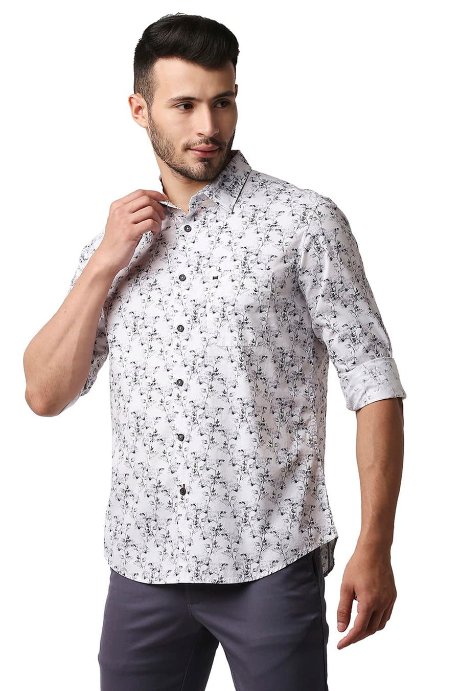 BASICS SLIM FIT WHITE SMOKE DIGITAL POPLIN PRINTED SHIRT