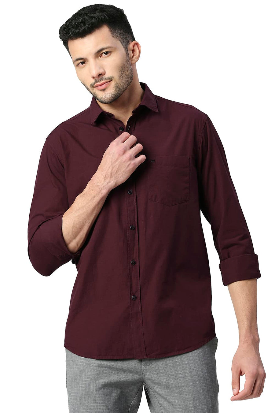 BASICS SLIM FIT PORT MAROON COTTON FIL-A-FIL SHIRT