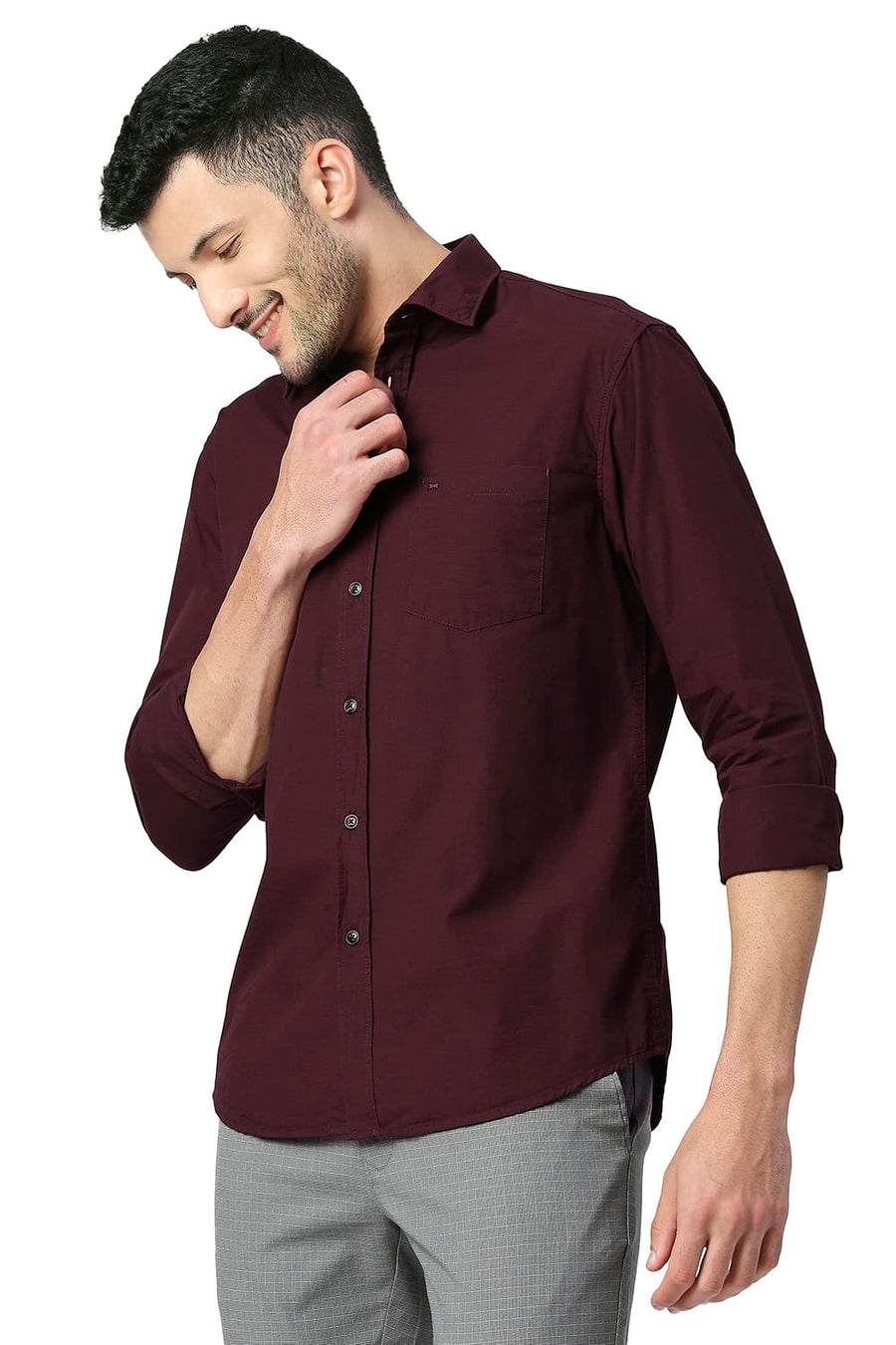 BASICS SLIM FIT PORT MAROON COTTON FIL-A-FIL SHIRT