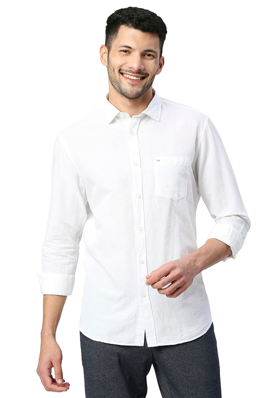BASICS SLIM FIT BRIGHT WHITE COTTON LINEN SHIRT