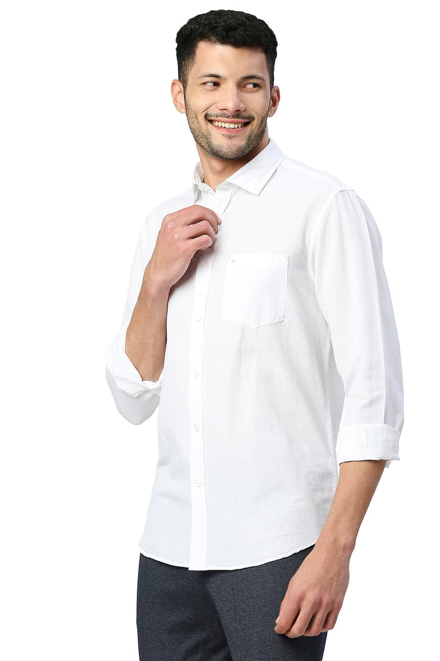 BASICS SLIM FIT BRIGHT WHITE COTTON LINEN SHIRT
