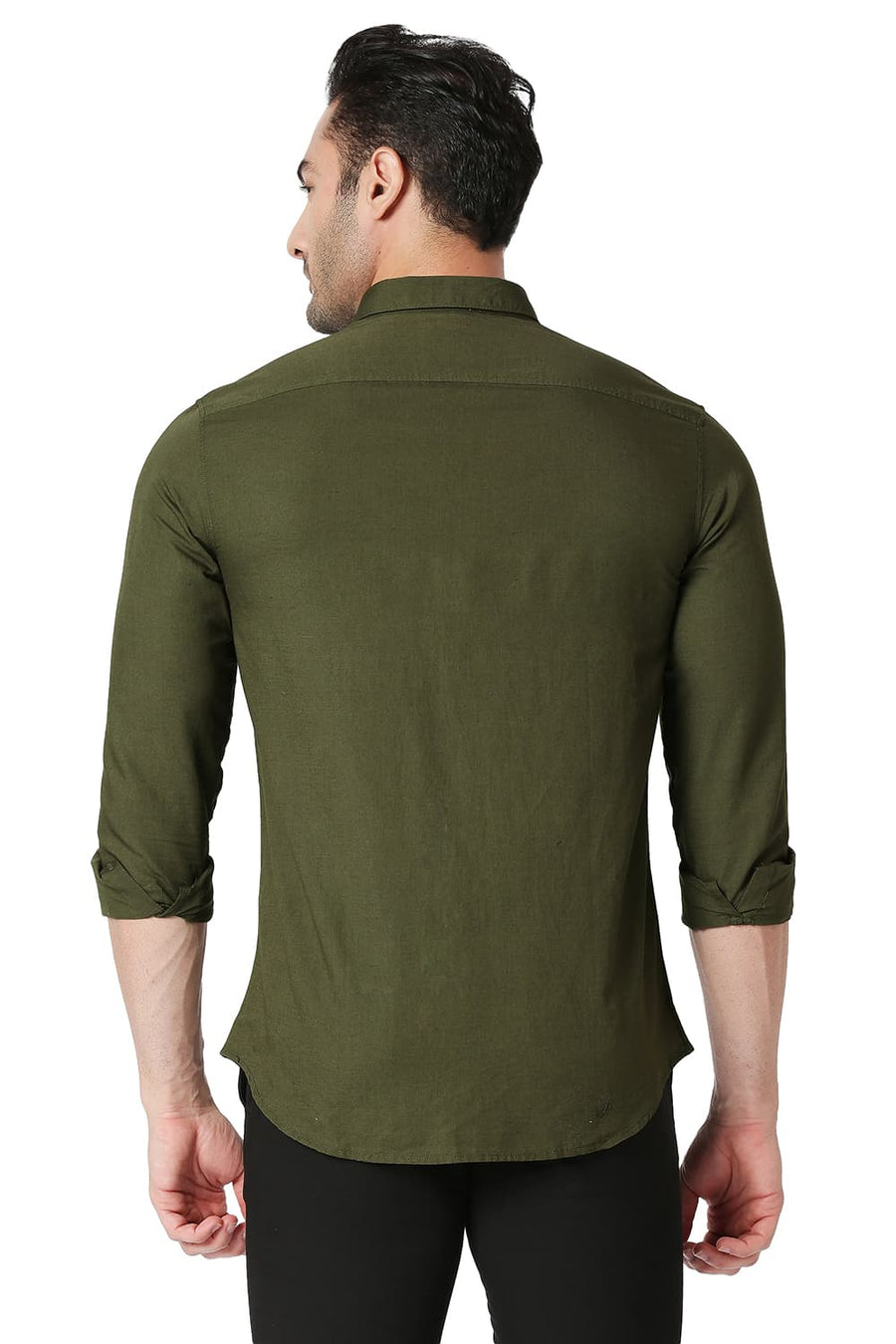 BASICS SLIM FIT BRONZE GREEN COTTON LINEN SHIRT