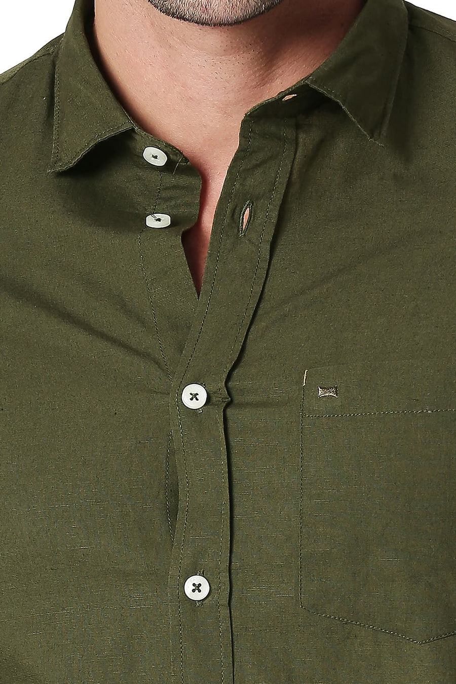 BASICS SLIM FIT BRONZE GREEN COTTON LINEN SHIRT