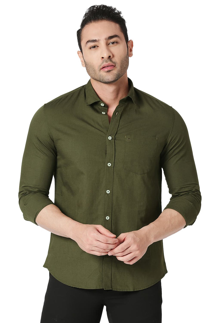 BASICS SLIM FIT BRONZE GREEN COTTON LINEN SHIRT