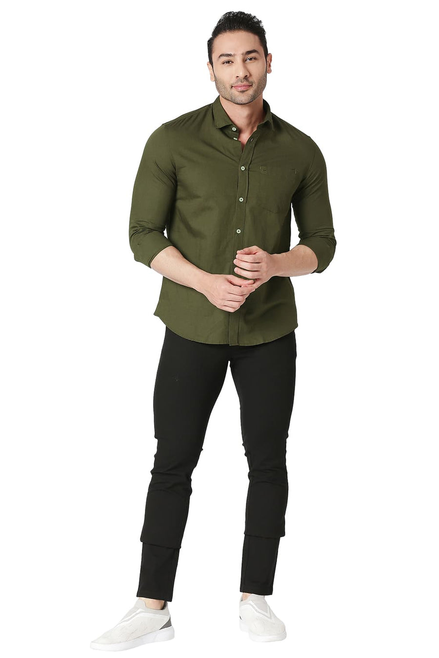 BASICS SLIM FIT BRONZE GREEN COTTON LINEN SHIRT