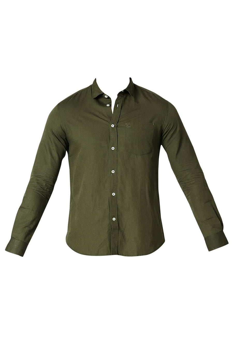 BASICS SLIM FIT BRONZE GREEN COTTON LINEN SHIRT