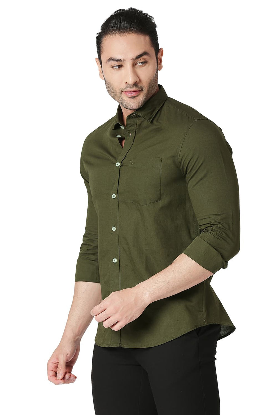 BASICS SLIM FIT BRONZE GREEN COTTON LINEN SHIRT
