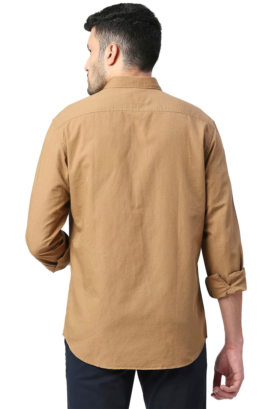 BASICS SLIM FIT BISCUIT KHAKI COTTON LINEN SHIRT