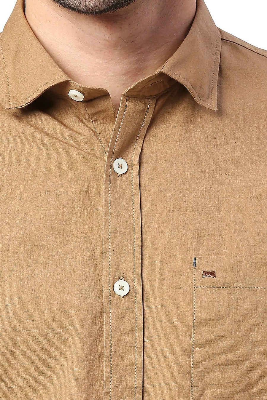 BASICS SLIM FIT BISCUIT KHAKI COTTON LINEN SHIRT