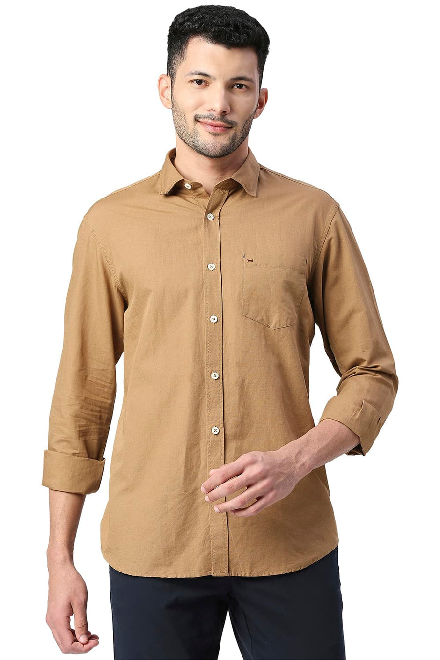 BASICS SLIM FIT BISCUIT KHAKI COTTON LINEN SHIRT