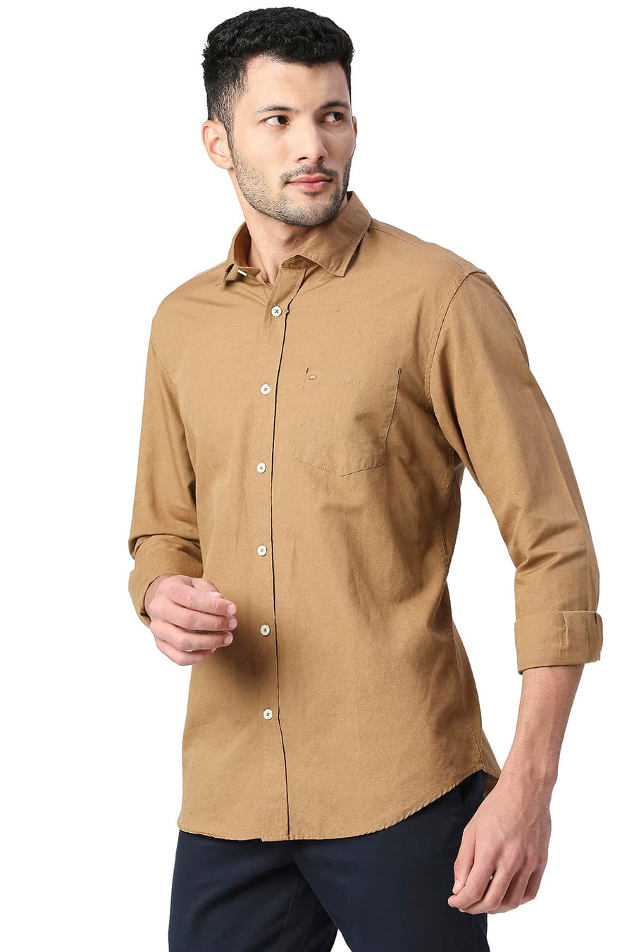 BASICS SLIM FIT BISCUIT KHAKI COTTON LINEN SHIRT