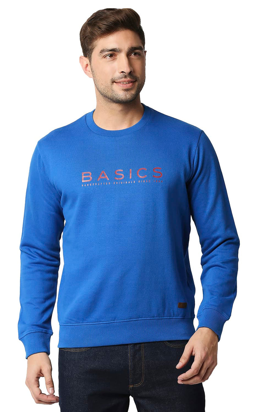 BASICS MUSCLE FIT SNORKEL BLUE BRUSHED FLEECE PULLOVER SWEATER