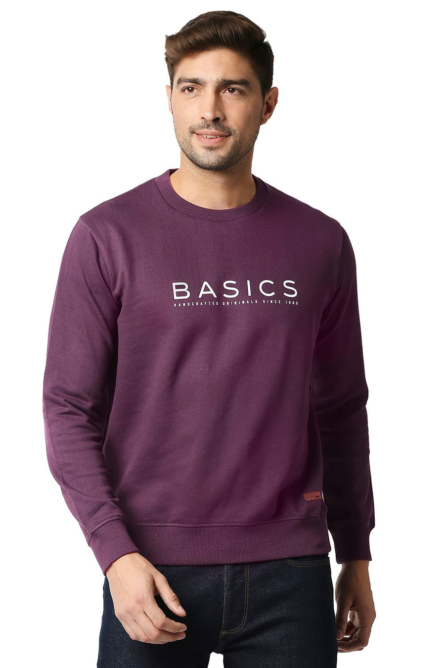 BASICS MUSCLE FIT SHADOW PURPLE BRUSHED FLEECE PULLOVER SWEATER