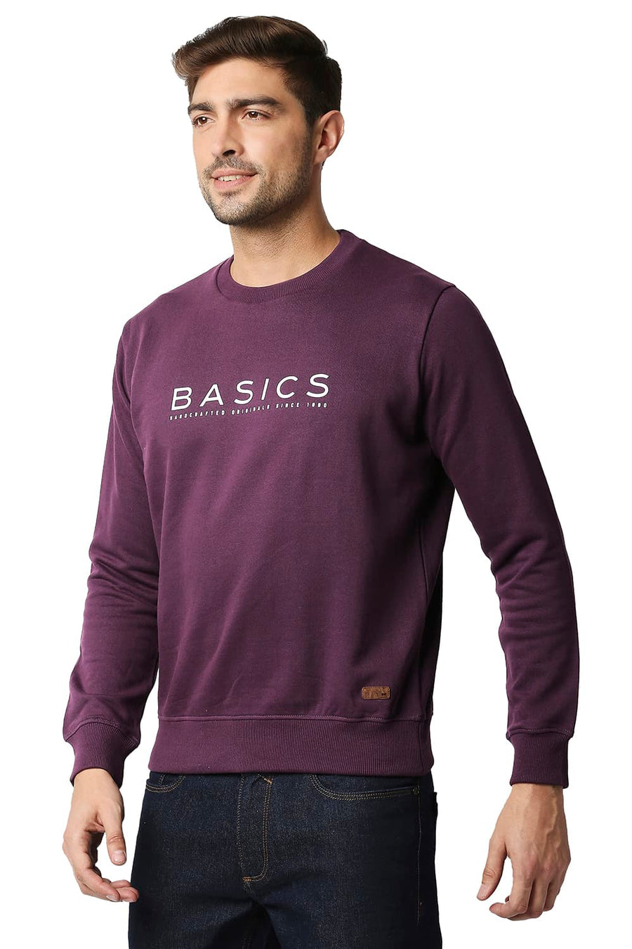 BASICS MUSCLE FIT SHADOW PURPLE BRUSHED FLEECE PULLOVER SWEATER