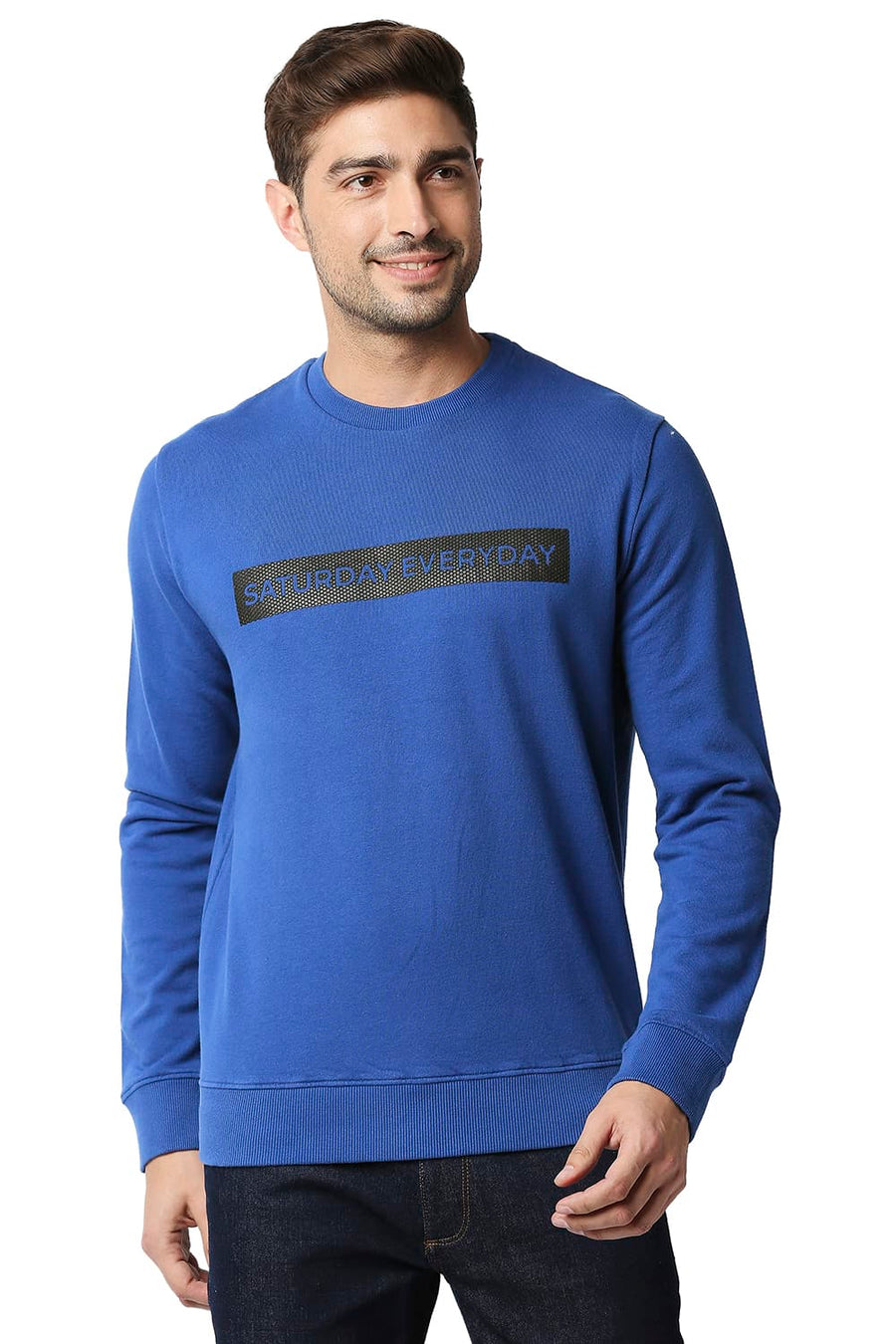 BASICS MUSCLE FIT TRUE BLUE LOOP KNIT PULLOVER SWEATER