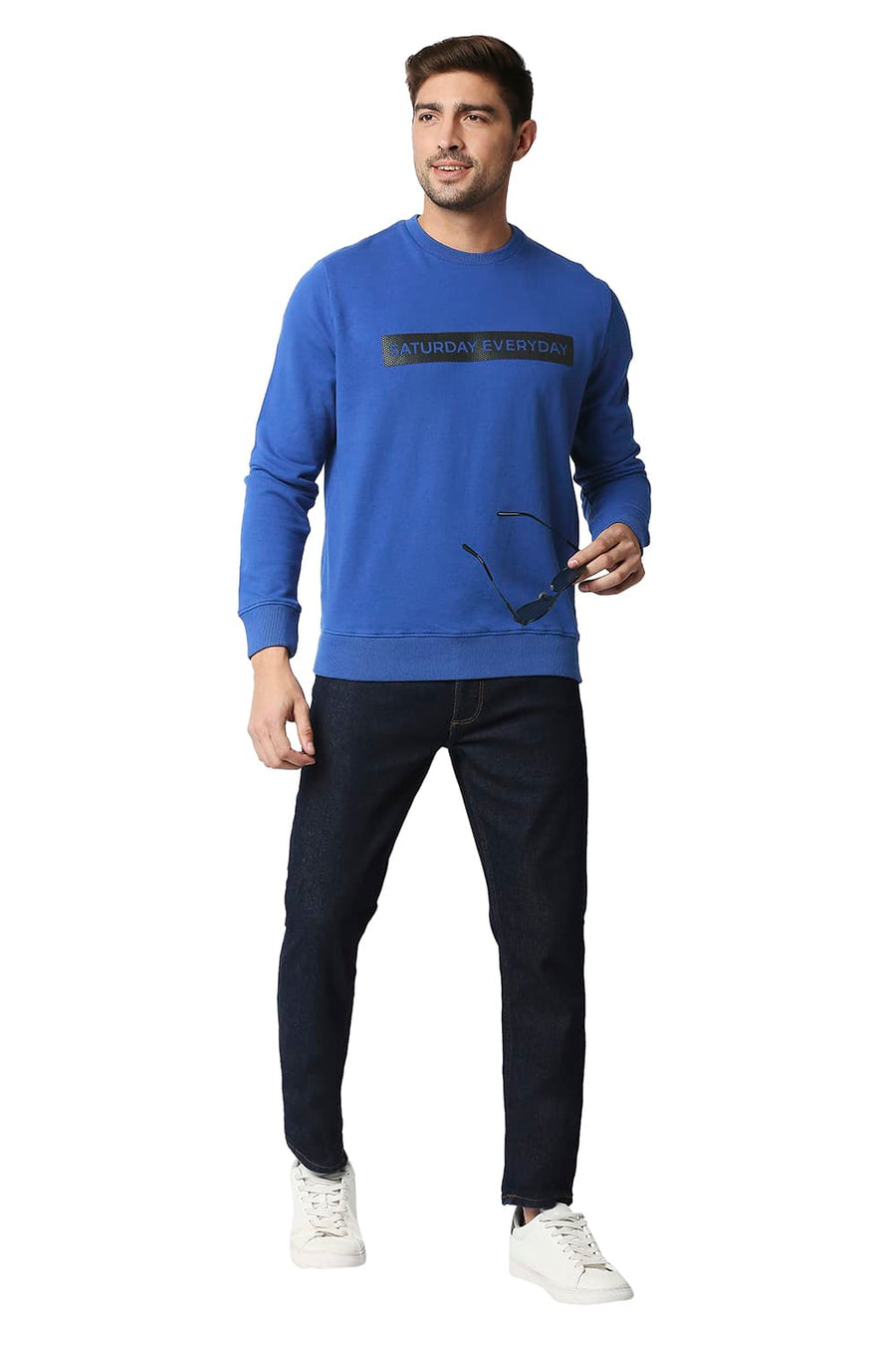 BASICS MUSCLE FIT TRUE BLUE LOOP KNIT PULLOVER SWEATER