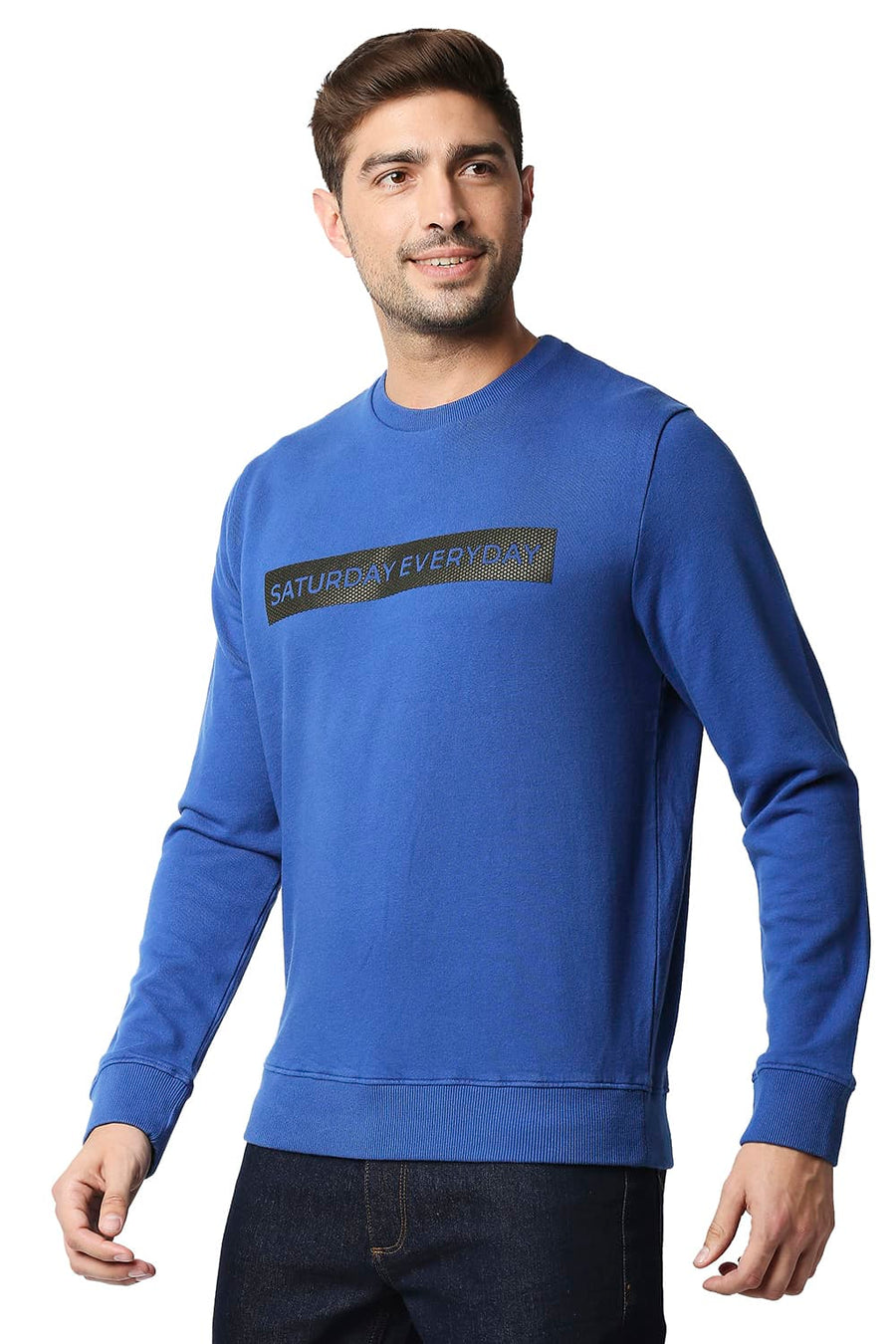 BASICS MUSCLE FIT TRUE BLUE LOOP KNIT PULLOVER SWEATER