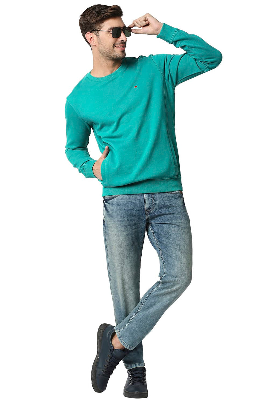 BASICS MUSCLE FIT QUFTZAL GREEN NON BRUSHED FLEECE PULLOVER SWEATER