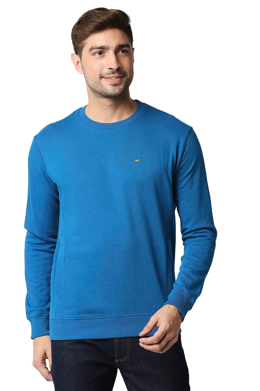BASICS MUSCLE FIT MYKONOS BLUE NON BRUSHED FLEECE PULLOVER SWEATER