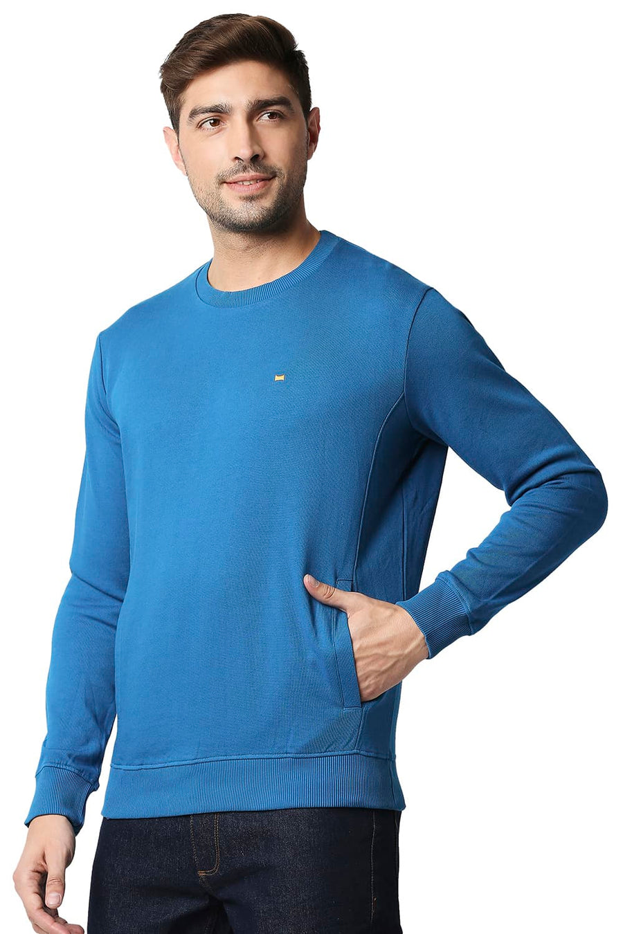 BASICS MUSCLE FIT MYKONOS BLUE NON BRUSHED FLEECE PULLOVER SWEATER