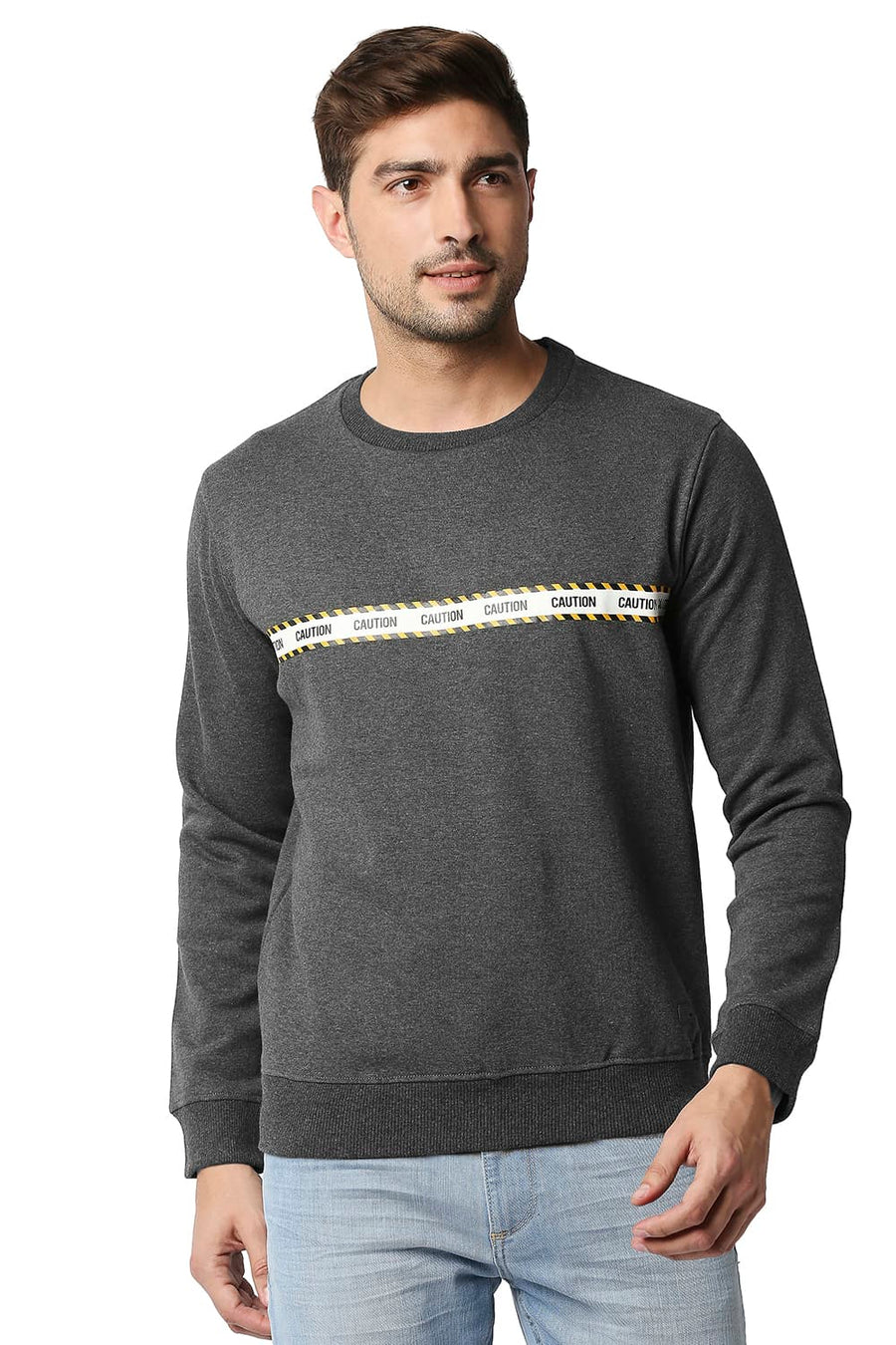 BASICS MUSCLE FIT ANTHRACITE HEATHER BRUSHED FLEECE PULLOVER SWEATER