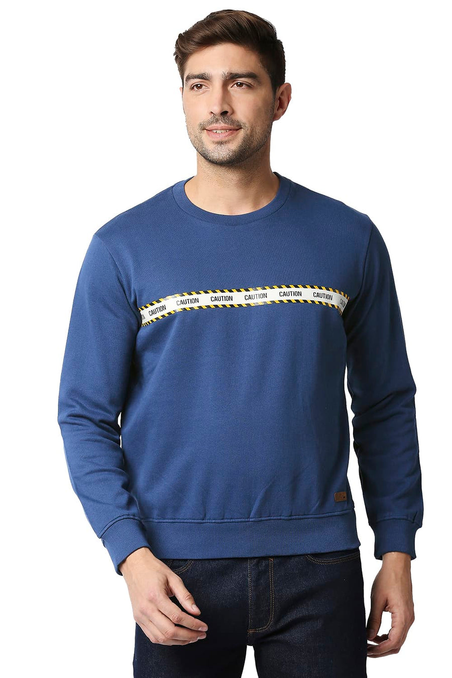 BASICS MUSCLE FIT ESTATE BLUE BRUSHED FLEECE PULLOVER SWEATER