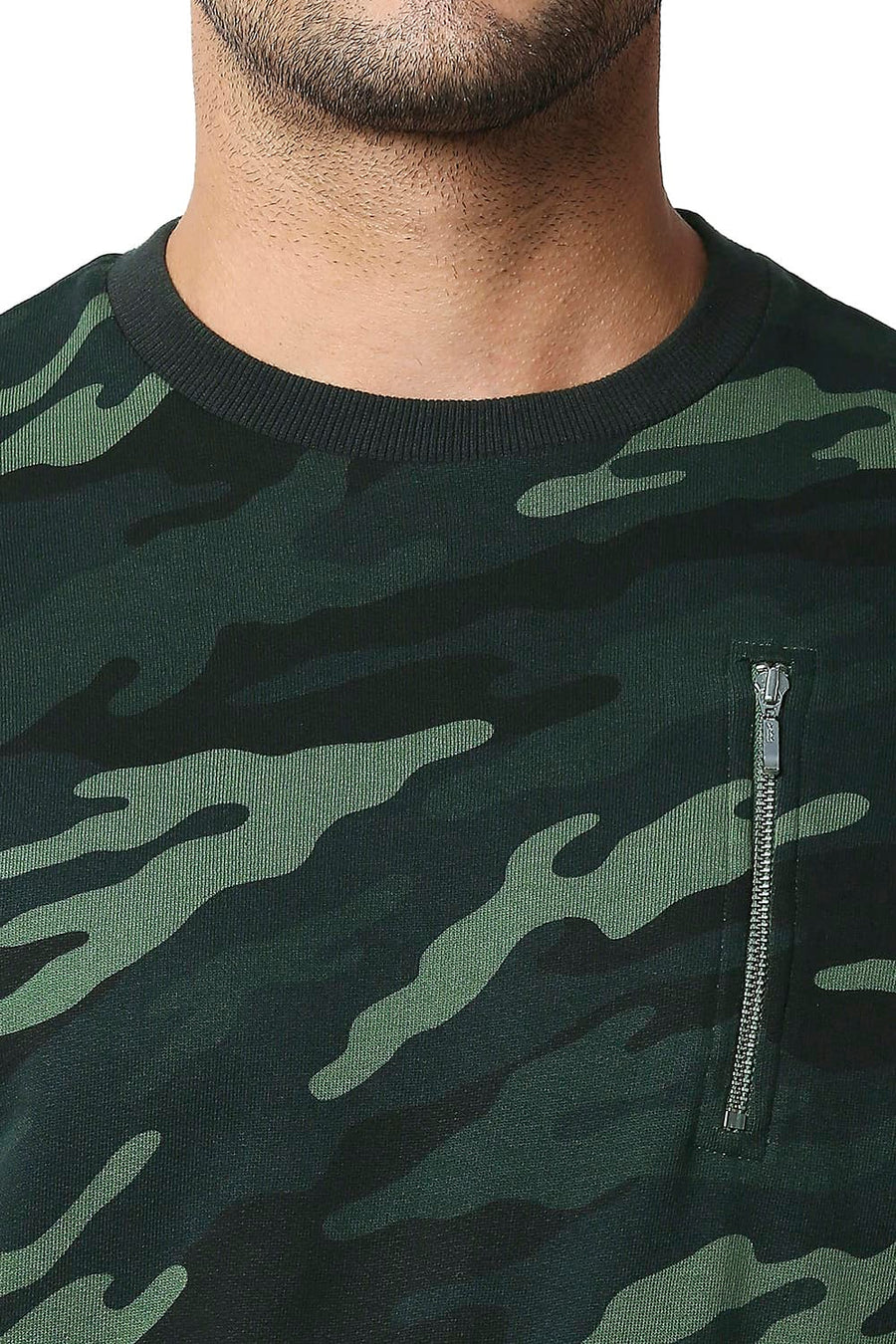 BASICS MUSCLE FIT CAMO GREEN LOOP KNIT PULLOVER SWEATER
