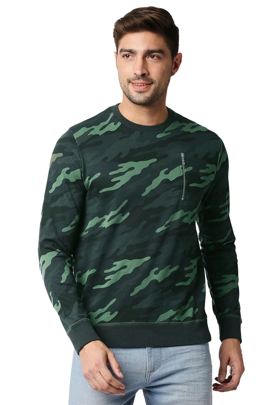 BASICS MUSCLE FIT CAMO GREEN LOOP KNIT PULLOVER SWEATER