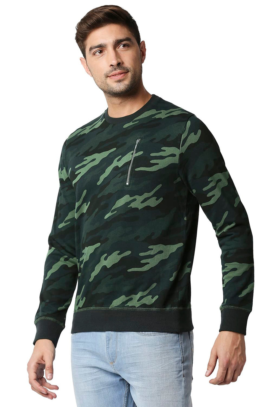 BASICS MUSCLE FIT CAMO GREEN LOOP KNIT PULLOVER SWEATER