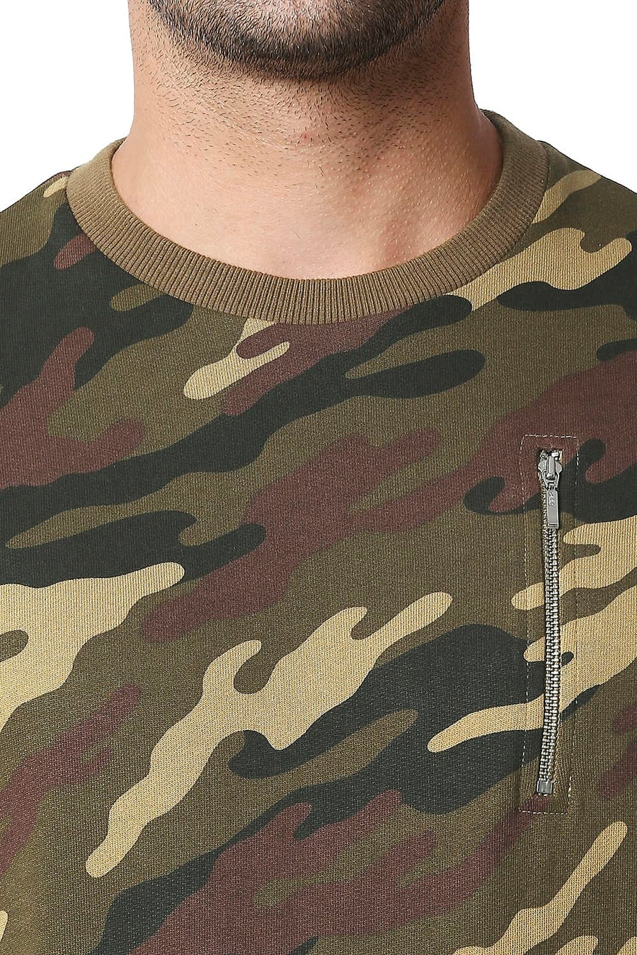 BASICS MUSCLE FIT CAMO BROWN LOOP KNIT PULLOVER SWEATER