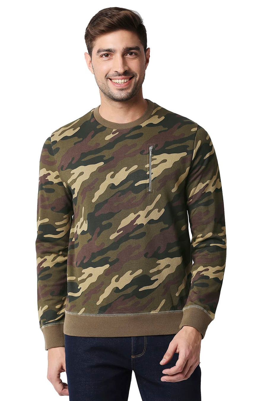 BASICS MUSCLE FIT CAMO BROWN LOOP KNIT PULLOVER SWEATER