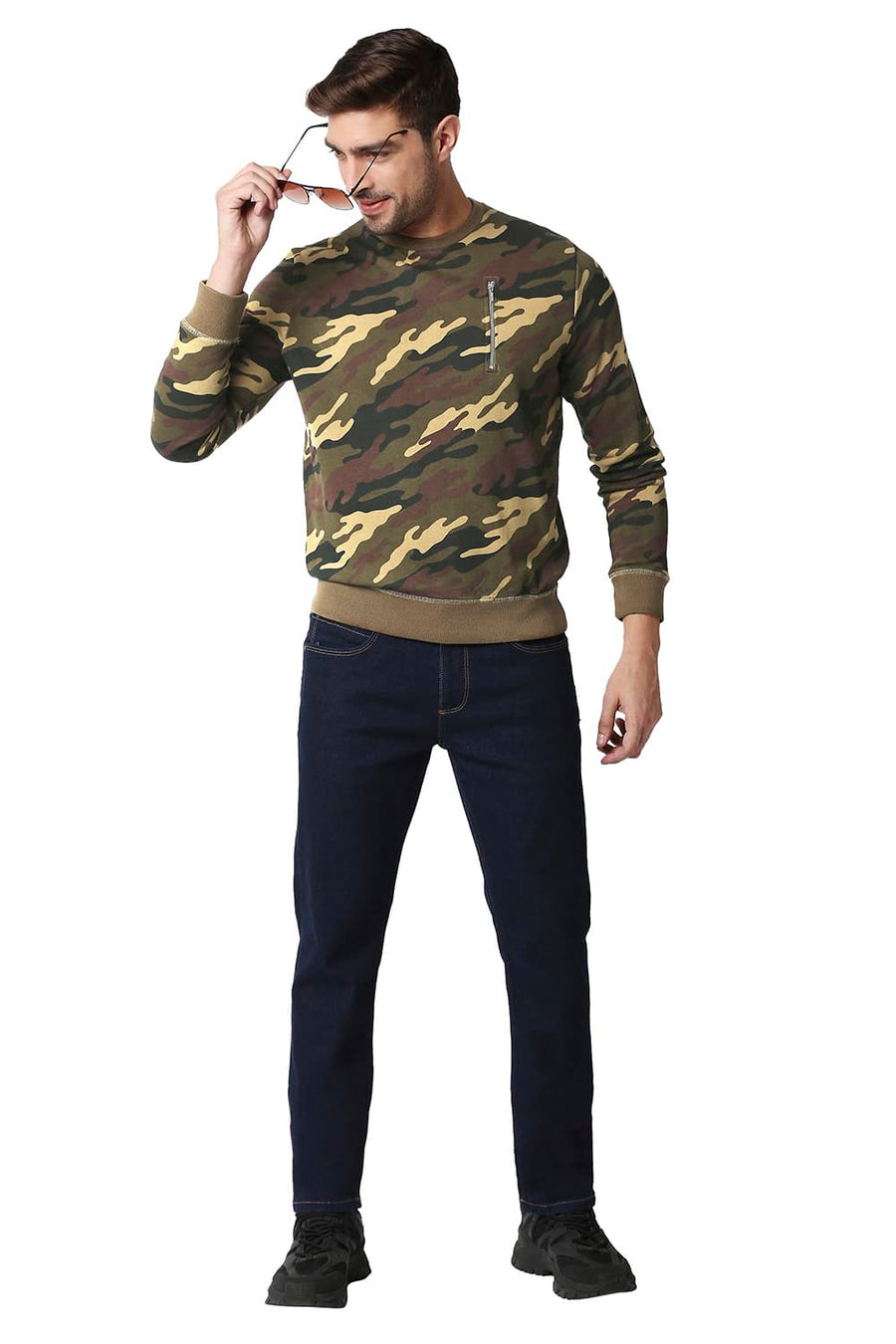 BASICS MUSCLE FIT CAMO BROWN LOOP KNIT PULLOVER SWEATER